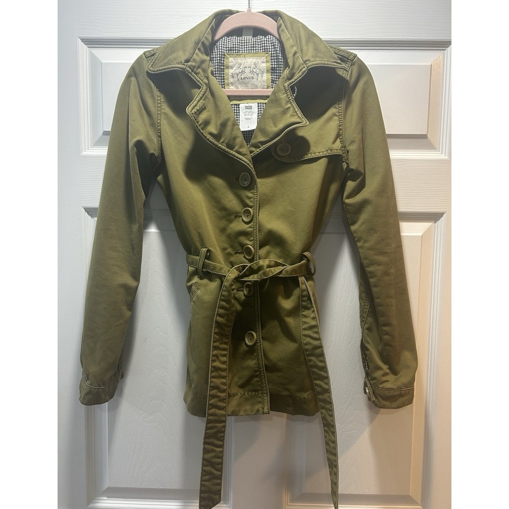 Levis Mid Length belted Trendy Fitted Trench Jacket Coat Olive Green Size Small - Picture 3 of 13